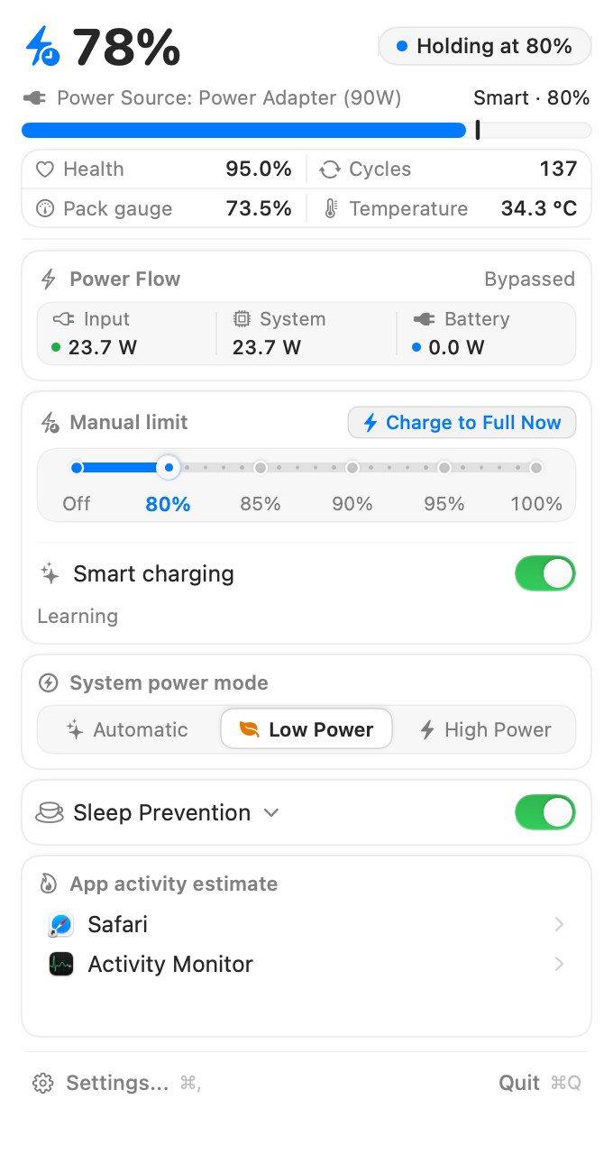 Coddle app interface showing battery status, an 80% charge limit, power flow, and sleep prevention
